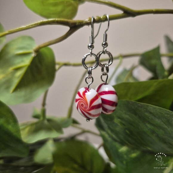 Handmade Peppermint Earrings with Glass Peppermint Beads - Picture 3 of 5